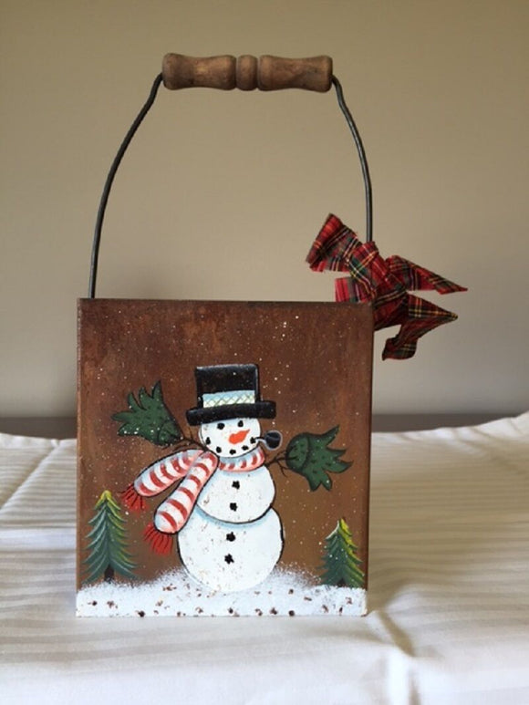 snowman hand painted tin with handle high quality Christmas item
