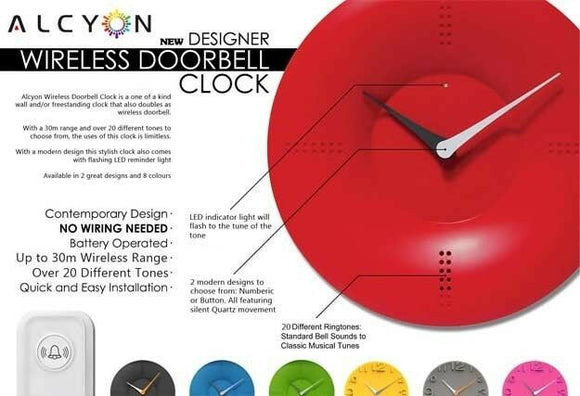 Alcyon Numberic Wall Clock  - Wireless Remote Doorbell Door Bell Red