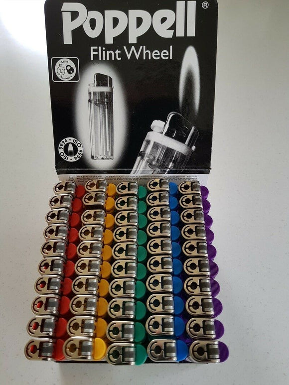 LIGHTERS WHOLESALE LOT OF 100, POPPELL FLINT WHEEL QUALITY DISPOSABLE
