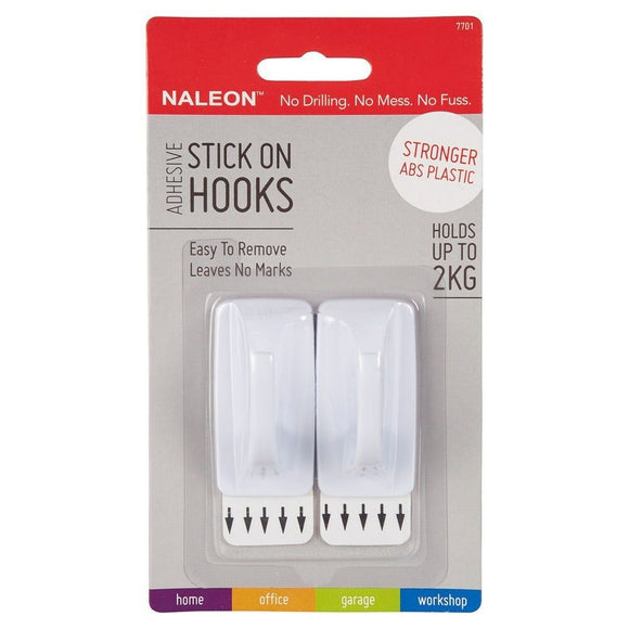 NEW Naleon Adhesive Stick On Hooks White 2 Pack