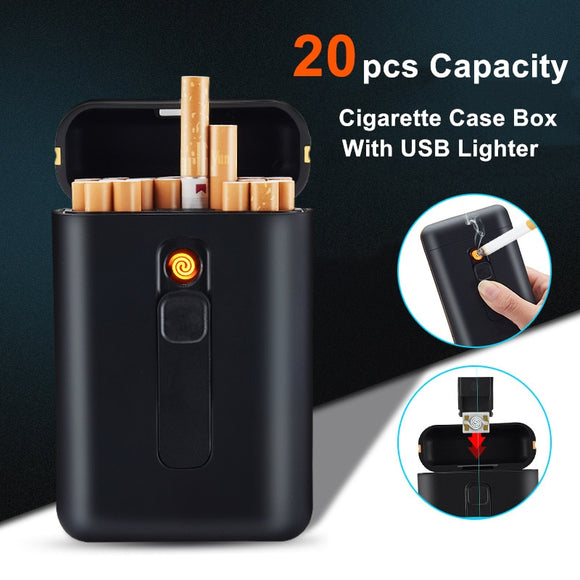 20pcs Capacity Cigarette Case with USB Electric Lighter Windproof Tungsten Plasma Arc Lighters for Regular Cigarette Mens Gift